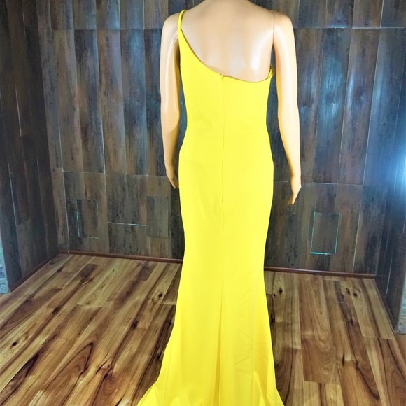 LA Femme Yellow One Shoulder Jersey Slit Gown NWOT - Picture 7 of 7
